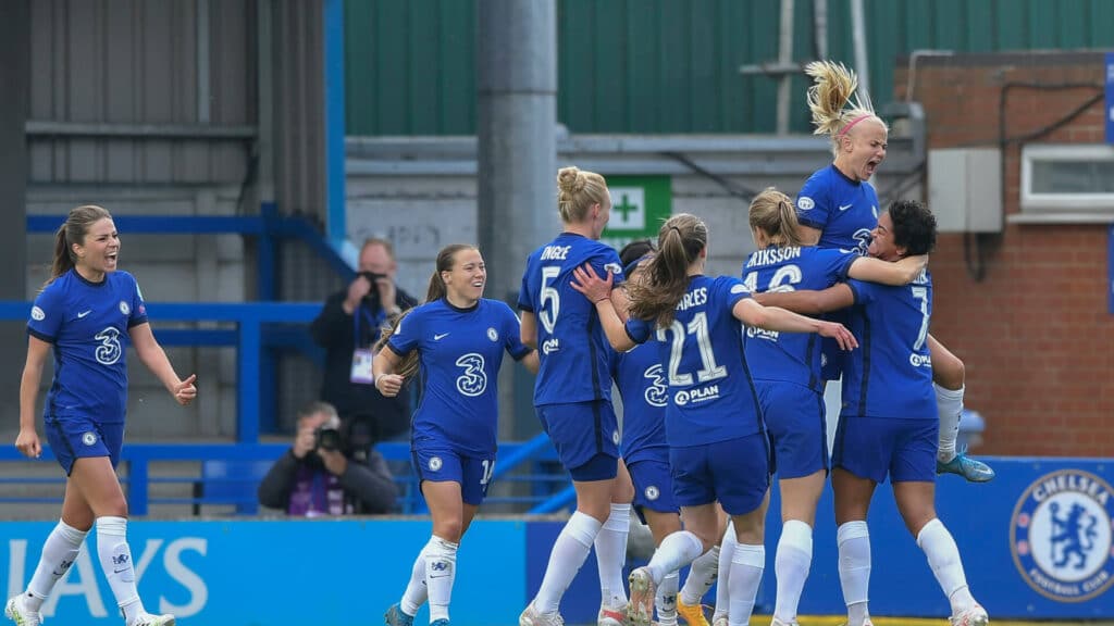 Chelsea FC celebrating after winning UWCL semifinal