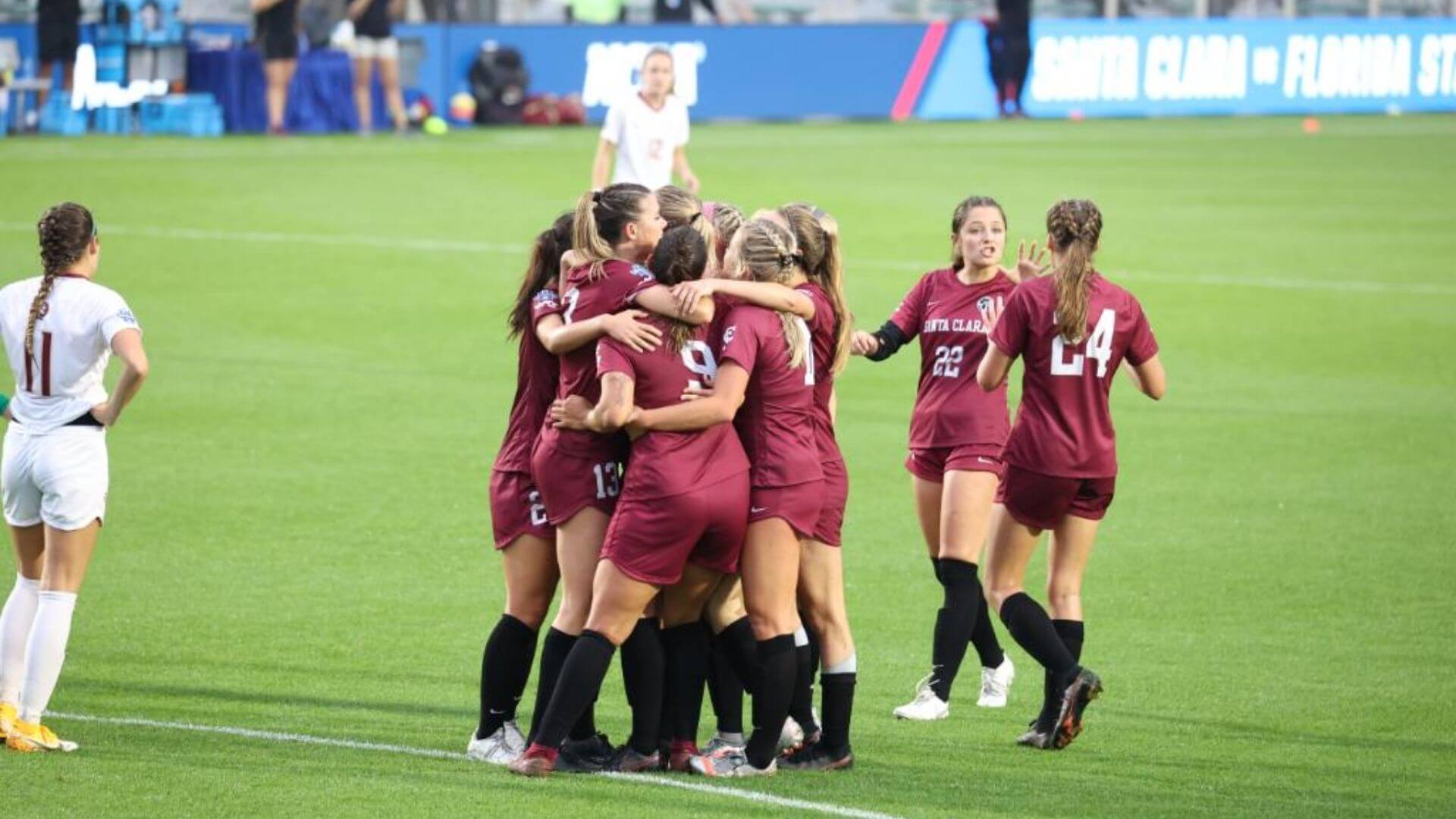 SCU players celebrating the NCAA women's soccer championship