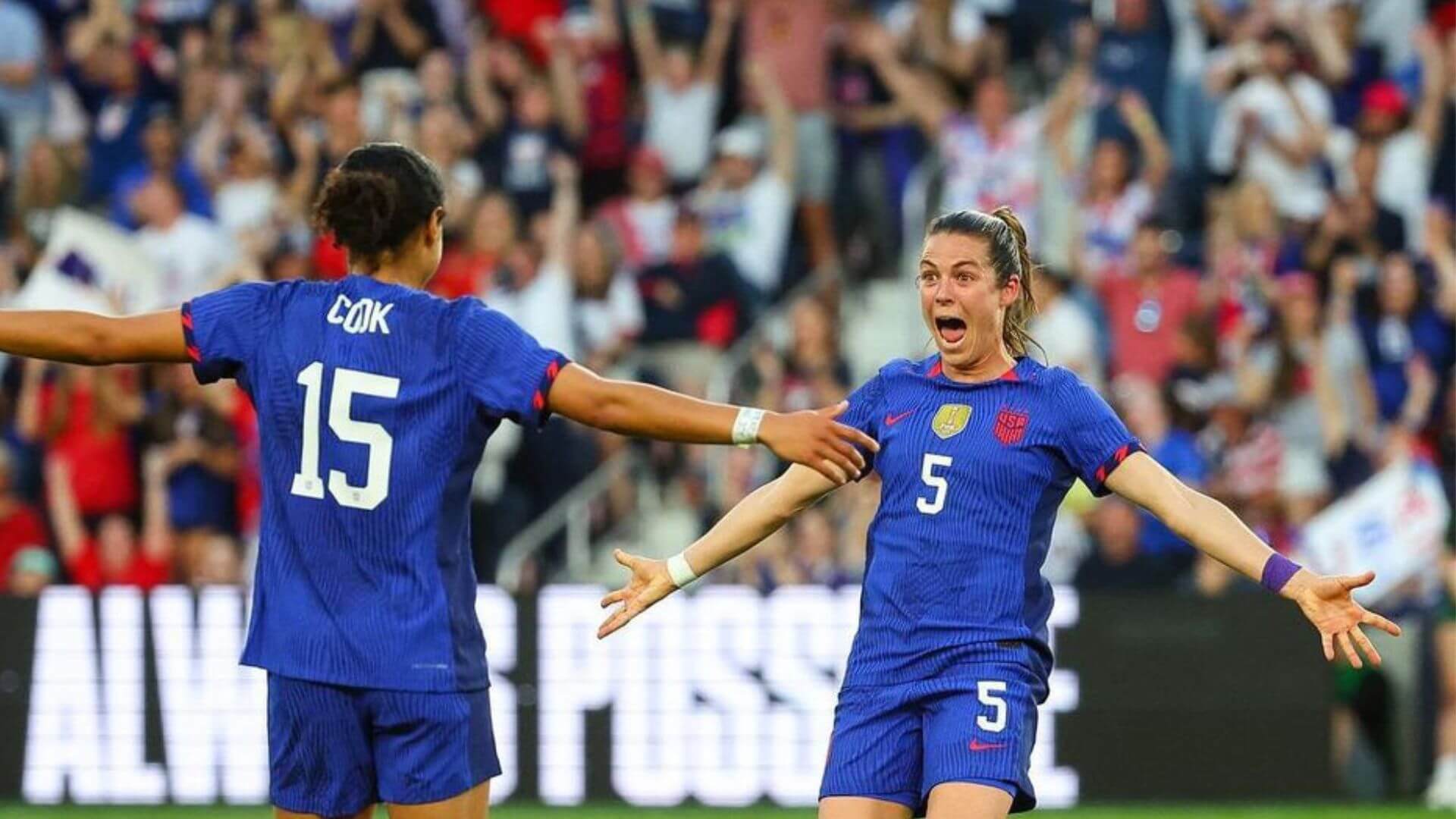 Alana Cook and Kelley O'Hara celebrate during the USWNT vs. Ireland match Tuesday